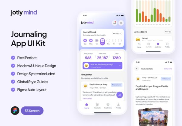 50+屏时尚日记健康记事表语音转文本app设计ui套件figma模板素材 Jotly – Journaling App