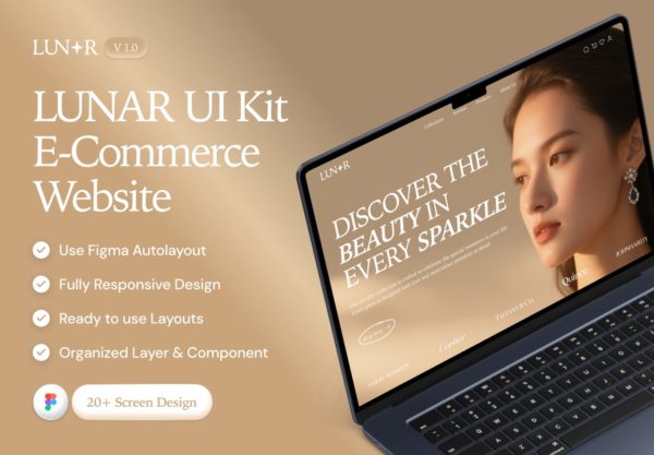 20+屏珠宝钻石项链电子商城网站UI界面设计Figma模板套件素材 Lunar – E Commerce Website UI Kit