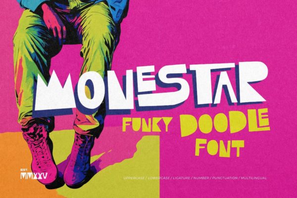 时尚潮流涂鸦海报贴纸服装设计装饰英文字体安装包 Monestar Funky Doodle Font