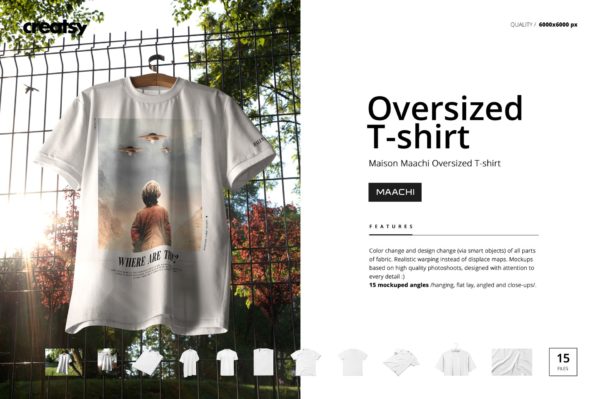 [全网首发] 15款超大半袖T恤衫服装上衣印花图案设计展示PS贴图样机模板 Oversized T-Shirt Mockup Set by Creatsy