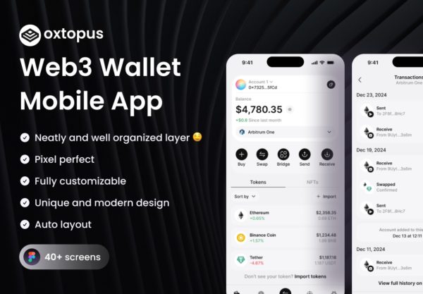 30+屏极简金融科技加密货币电子钱包app设计ui套件figma模板素材 Oxtopus – Web3 Wallet Mobile App