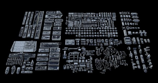 3DS MAX FBX OBJ科幻硬面零部件机甲套件道具3D模型资产合集 Sci-Fi KitBash And Props Pack – Full Set