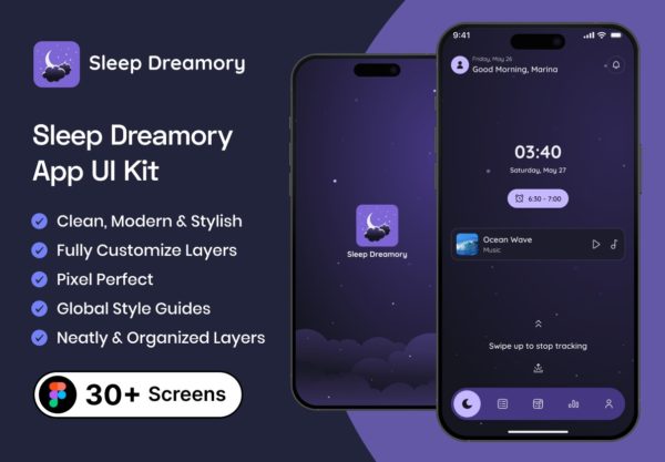 30+屏暗黑系睡眠助眠冥想放松心里健康app设计ui套件figma模板素材 Sleep Dreamory App UI Kit