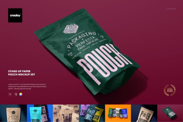 [独家首发] 7款时尚食品零食茶叶自立袋自封袋包装袋设计PS展示效果图样机模板 Stand Up Paper Pouch Mockup Set by Creatsy
