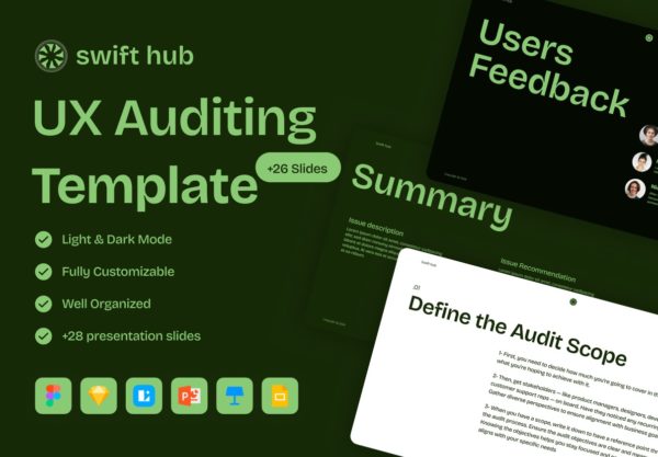 28+页独特UX用户界面设计提案幻灯片图文排版Figma/Sketch/Keynote/PPT模板素材 UX Auditing Template