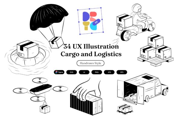 34幅外卖物流送货快递货运手绘矢量插图插画AI/PNG/Figma格式素材 Сargo & Logistics UX Illustration Set