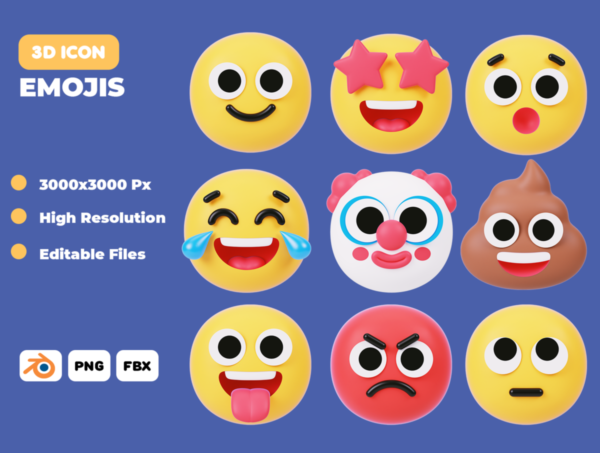 40款卡通趣味Emojis表情3d图标Icons插画设计blender/png/fbx格式素材 Emojis 3D Illustration Pack
