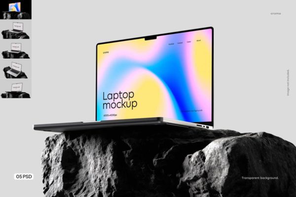 5款岩石装饰网站界面UI设计苹果MacBook笔记本电脑贴图PSD样机 Standing Laptop Mockup PSD