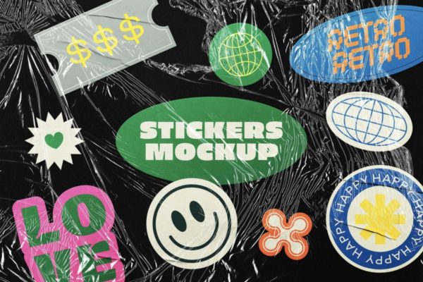 褶皱塑料保鲜膜背景标签贴纸设计ps贴图样机模板素材 Wrinkled Plastic Stickers Mockup