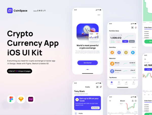 100屏时尚双配色虚拟货币理财财务管理app ui界面设计figma/sketch/xd模板套件 CoinSpace: Crypto Currency App iOS UI Kit