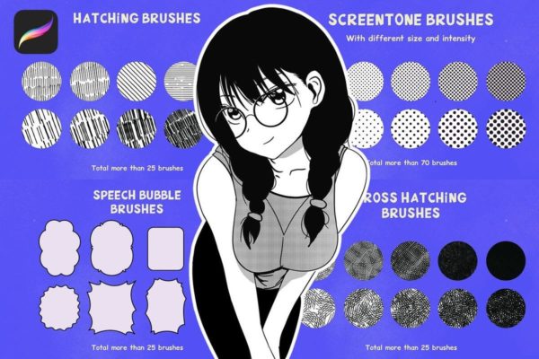 200+款动漫漫画半色调气泡数字绘画procreate笔刷画笔素材 200 Procreate Manga Megapack