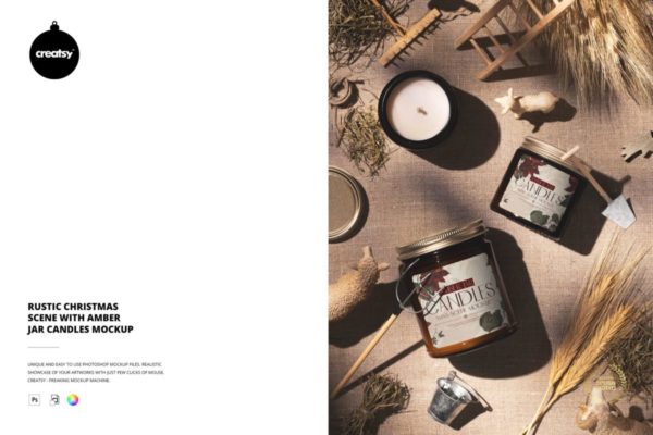 真实圣诞节香薰蜡烛包装瓶玻璃瓶设计ps展示效果图样机模板 Rustic Christmas Scene with Amber Jar Candles Mockup