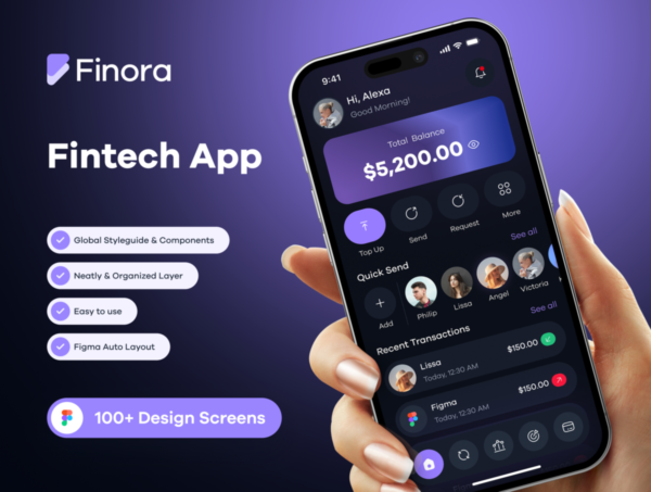 100+屏双配色金融科技理财财务管理银行数字钱包app ui界面设计figma模板 Finora Fintech App UI Kit