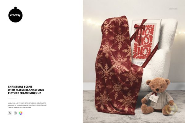 1款圣诞节节日场景羊毛毯相框展示效果图PS贴图样机模板素材 Christmas Scene with Fleece Blanket and Picture Frame Mockup
