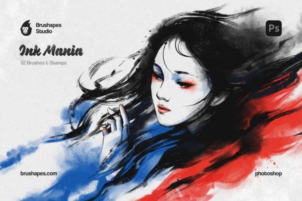 56款水墨水彩印章绘画效果Photoshop PS笔刷画笔设计素材 Ink Mania Photoshop Brushes