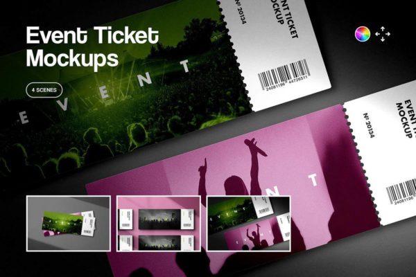 4款逼真音乐票电影票票务设计展示贴图PSD样机模板素材 Event Ticket Mockup Scenes