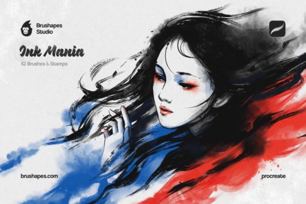 56款中国风水墨水彩印章绘画效果Procreate笔刷画笔设计素材 Ink Mania Procreate Brushes