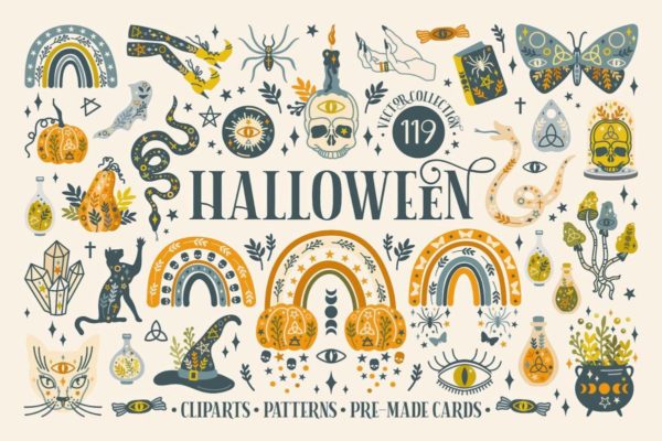 HALLOWEEN Vector Collection 创意潮流扁平化神秘万圣节艺术装饰插图插画图案设计矢量设计素材
