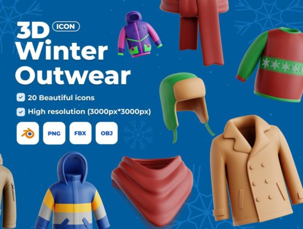 20款冬季外套上衣服装手套3D插图图标Icons设计Blender/OBJ/PNG格式素材 Winter Outwear 3D Icon Set