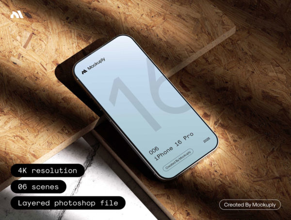 6款木板背景Ui作品设计iPhone 16 Pro展示效果图PS贴图样机模板素材 iPhone 16 Pro 006 Mockuply