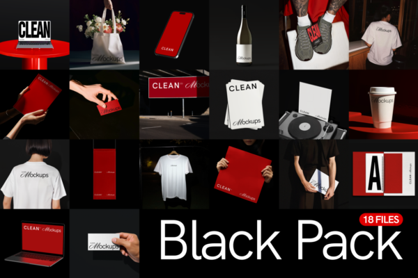 20款T恤卡片纸杯封面iPhone手机帆布袋VI应用设计作品展示ps样机 BLACK PACK by Clean Mockups