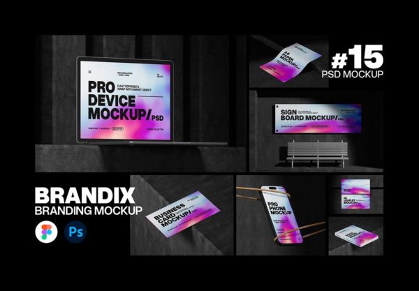 15款黑暗工业风名片信封iPhone手机iPad平板MacBook电脑UI作品贴图PSD样机模板 Brandix Branding Mockup Set – 15 Scene