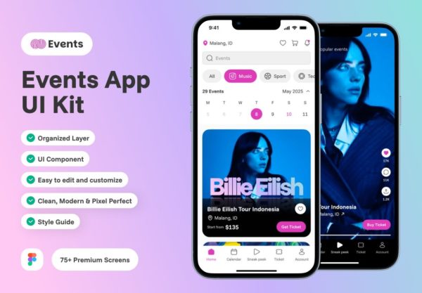 75+屏音乐发布会活动电影票购买预定app界面ui套件设计figma模板 Events – Discover Local Events Mobile App UI Kit