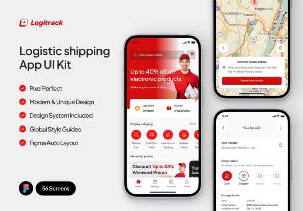 55+屏现代货运物流快递送货app ui界面设计figma模板素材 LogiTrack – Logistic shipping App