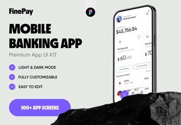 100+屏双配色金融科技财务管理银行电子钱包app ui界面设计figma模板 Mobile Banking App – FinePay