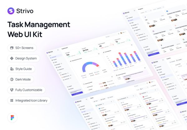 50+屏任务项目管理SaSS产品仪表盘UI界面设计Figma模板套件 Strivo – Task Management Web UI Kit