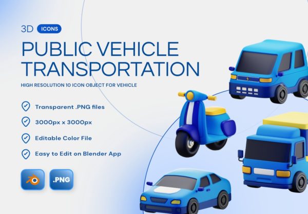 10款高质量车辆公交车出行工具3D图标Blender/PNG格式设计素材 Vehicle Public Transportation 3D Icon Pack