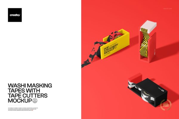 1款时尚带切割机管状塑料纸胶带印花logo设计ps贴图样机模板 Washi Masking Tapes with Tape Cutters Mockup by Creatsy