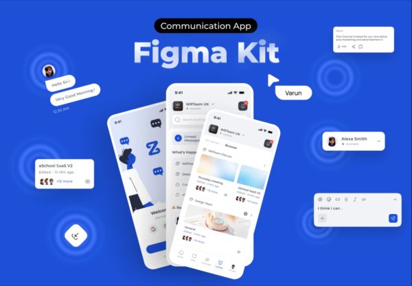 25屏时尚通信内部聊天团队协作考勤办公app ui界面设计figma模板套件 Zync – Communication App UI Kit