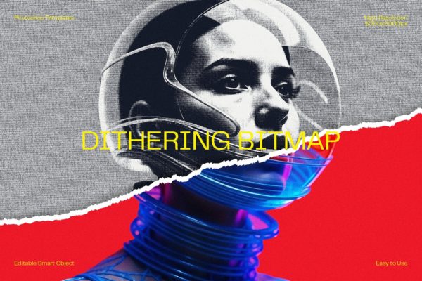 复古故障酸性撕纸纸片拼接效果ps特效滤镜样机 Dithering Bitmap Photo Effect