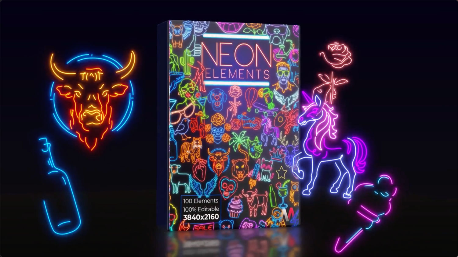 AE模板 100组赛博朋克霓虹效果矢量图标4K高清视频素材 100 Neon Elements | V2