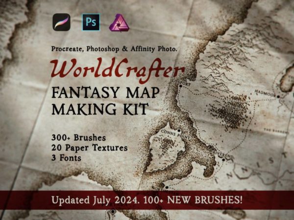 全面旧世界风格地图绘制纹理procreate/ps/affinity笔刷+纸张纹理图片套装 WorldCrafter – Fantasy Map Making Kit for Procreate, Photoshop, Affinity Photo