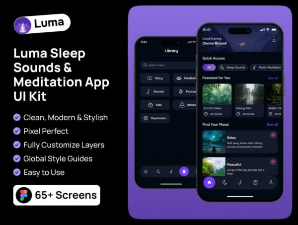 65+屏黑暗冥想睡眠放松心理健康app应用程序ui界面设计figma模板套件Luma Sleep Sounds & Meditation App UI Kit