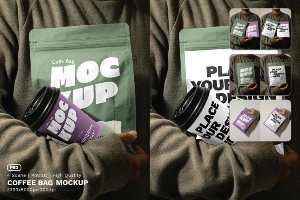 4款真实手持咖啡包装袋纸杯vi设计展示效果图ps贴图样机模板Coffee Bag & Paper Cup Mockup