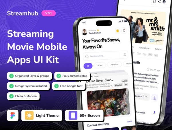 50+屏高品质流媒体视频电影电视剧app应用程序ui界面设计figma模板 Streamhub – Streaming Movie App UI Kit