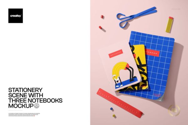 1款时尚办公笔记本封面设计展示效果图ps贴图样机模板素材 Stationery Scene with Three Notebooks Mockup by Creatsy®特色图 1款时尚办公笔记本封面设计展示效果图ps贴图样机模板素材 Stationery Scene with Three Notebooks Mockup by Creatsy®