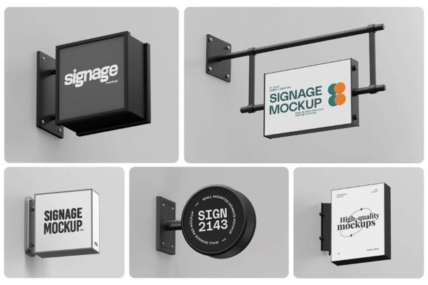 5款时尚城市店铺标牌徽标设计展示效果图PS贴图样机模板Wall Mounted Signboard Mockup Set特色图 5款时尚城市店铺标牌徽标设计展示效果图PS贴图样机模板Wall Mounted Signboard Mockup Set