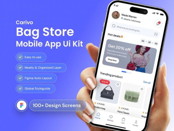 100+屏现代时尚服装包包电子商城app应用程序ui界面设计figma模板 Carivo Bag Store Mobile App Kit特色图 100+屏现代时尚服装包包电子商城app应用程序ui界面设计figma模板 Carivo Bag Store Mobile App Kit