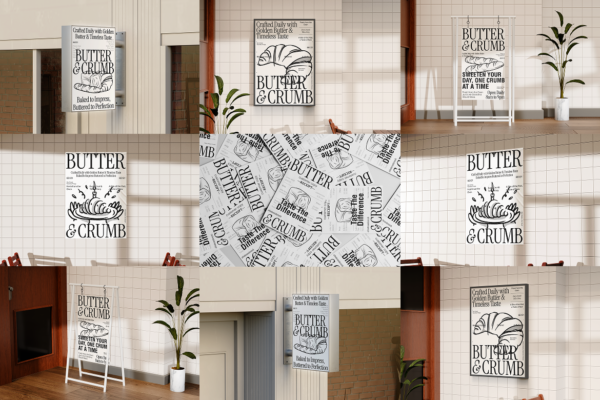 9款时尚带阴影饭店促销广告牌海报设计PS展示效果图样机模板 Restaurant Branding Mokcup