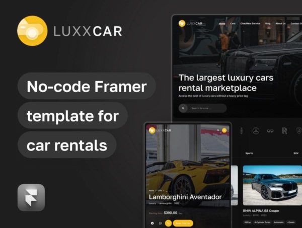 12屏黑暗响应式豪华汽车租赁卖车网站UI界面设计Figma/Framer模板素材 LuxxCar – car rental and auto dealership template for Framer