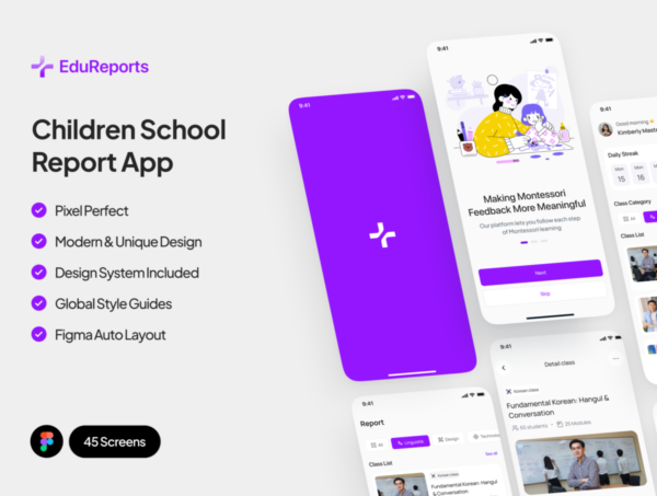 45+屏儿童婴儿早教蒙氏教育应用程序app ui界面设计figma模板 EduReports – Montessori School Report App特色图 45+屏儿童婴儿早教蒙氏教育应用程序app ui界面设计figma模板 EduReports – Montessori School Report App