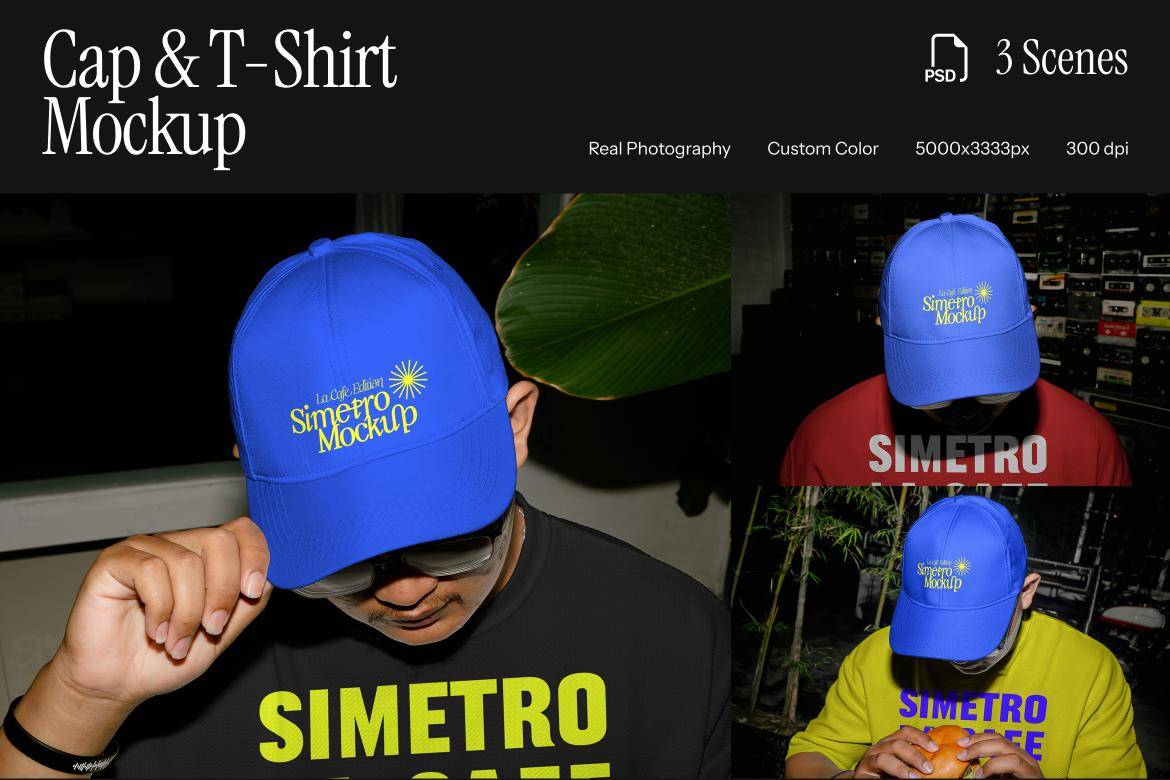 3款真实拍摄棒球帽鸭舌帽设计展示效果图PSD样机模板 Cap & T-Shirt Mockup