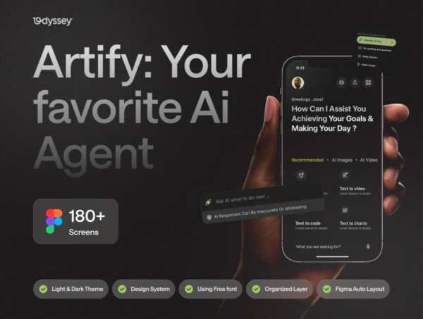 180+屏AI人工智能图像视频音乐媒体生成器APP应用程序UI界面设计Figma模板 Artify — Unleash AI to Create Stunning Media特色图 180+屏AI人工智能图像视频音乐媒体生成器APP应用程序UI界面设计Figma模板 Artify — Unleash AI to Create Stunning Media