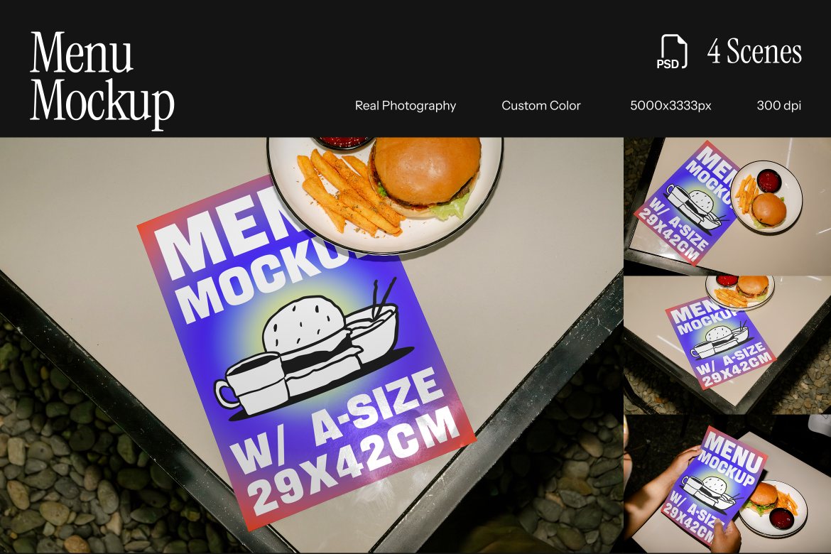 4款逼真菜单单页传单海报设计展示效果图PS贴图样机模板Menu Mockup