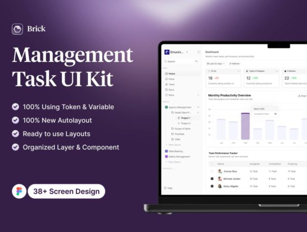 38+屏简洁团队协作项目管理仪表盘用户界面UI设计Figma模板套件 Brick – Task Management Dashboard UI Kit