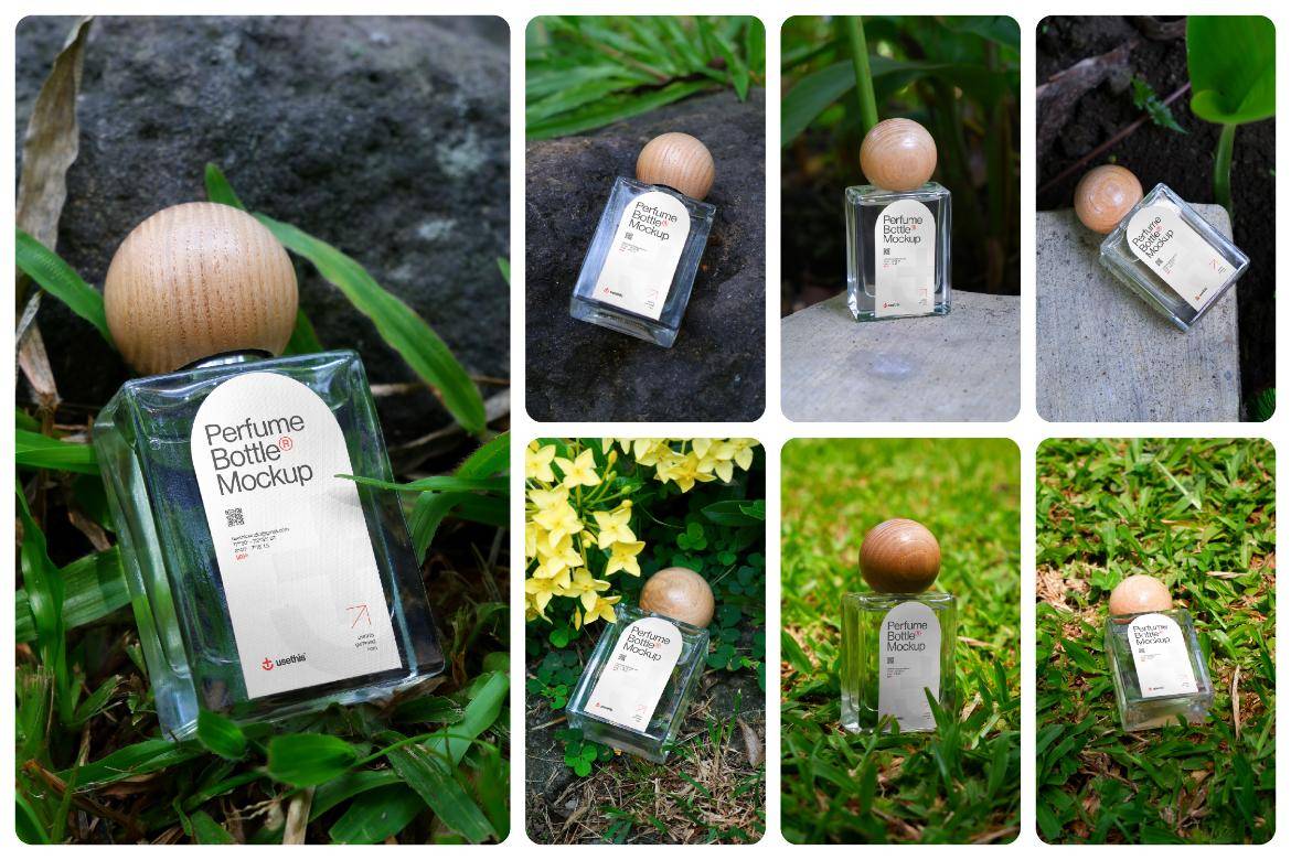 7款户外拍摄香水玻璃瓶贴纸设计展示效果图PSD样机模板素材 7 Outdoor Perfume Bottle Mockup Bundle